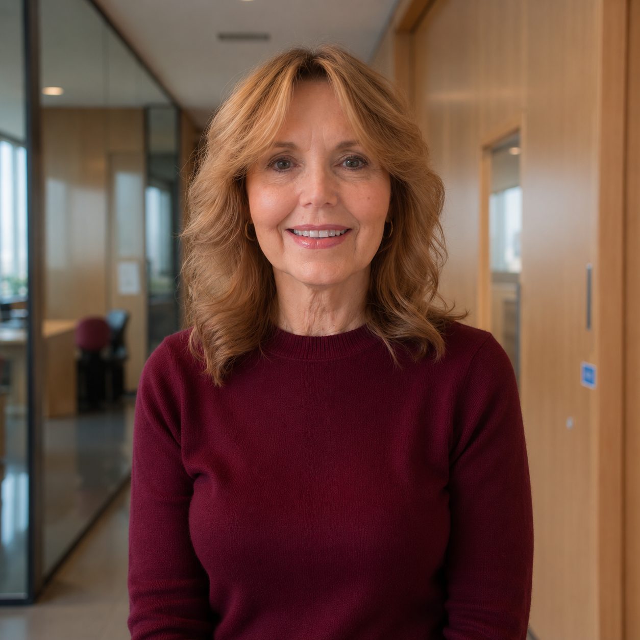 Portrait of a smiling woman in a burgundy sweater standing in a modern office environment.