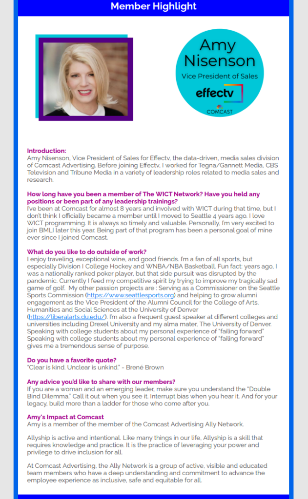 An image of the current WICT member highlight.